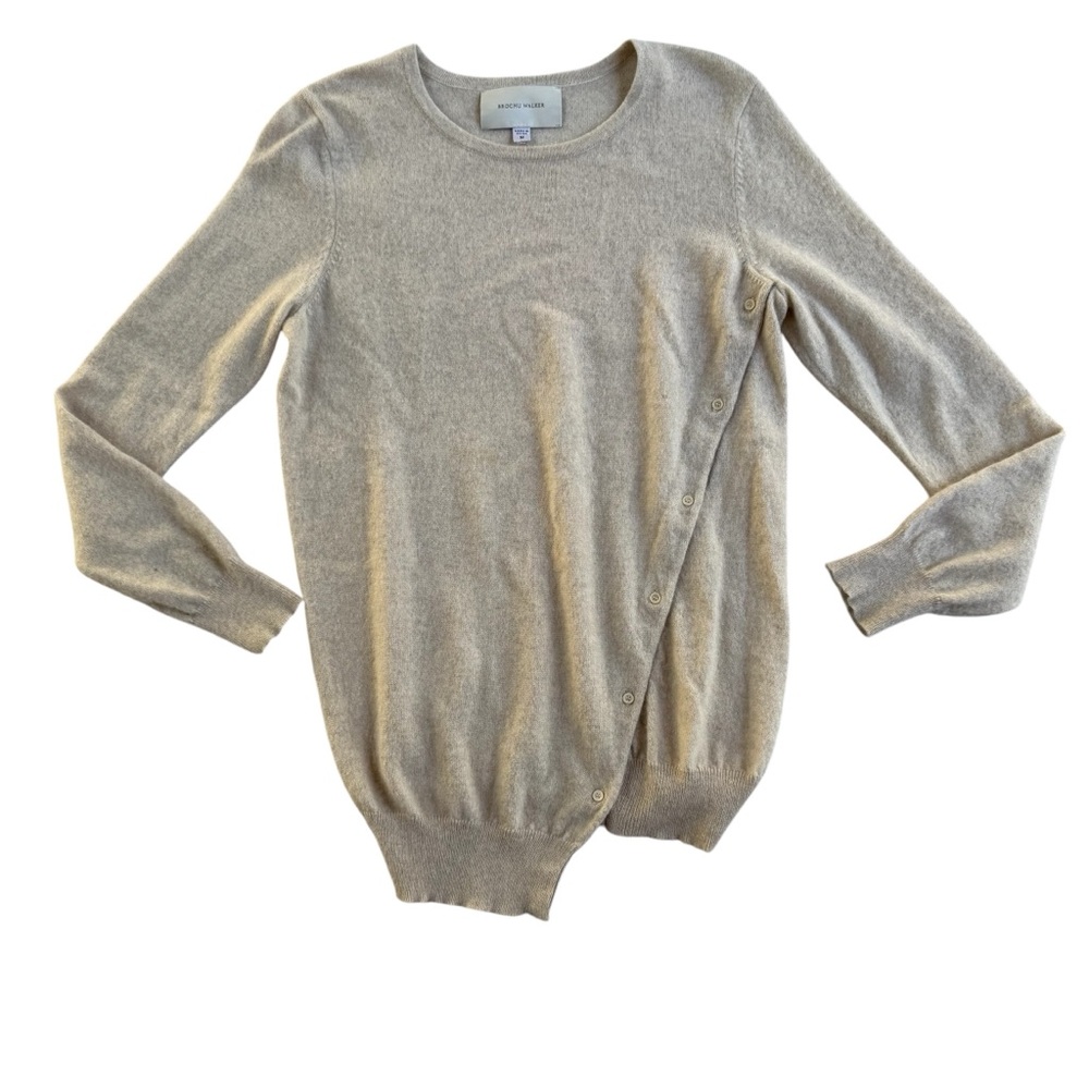 Brochu Walker Taupe Crewneck Asymmetric Button Knit Sweater
